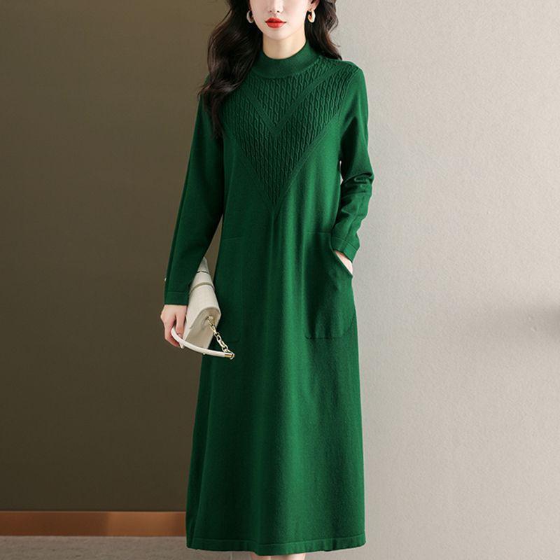 

Solid-color Half Turtleneck Knitted Dress for Autumn and Winter Women s Wear Knee-length Mid-length Sweater Loose and Casual Sweater Dress S зелёный