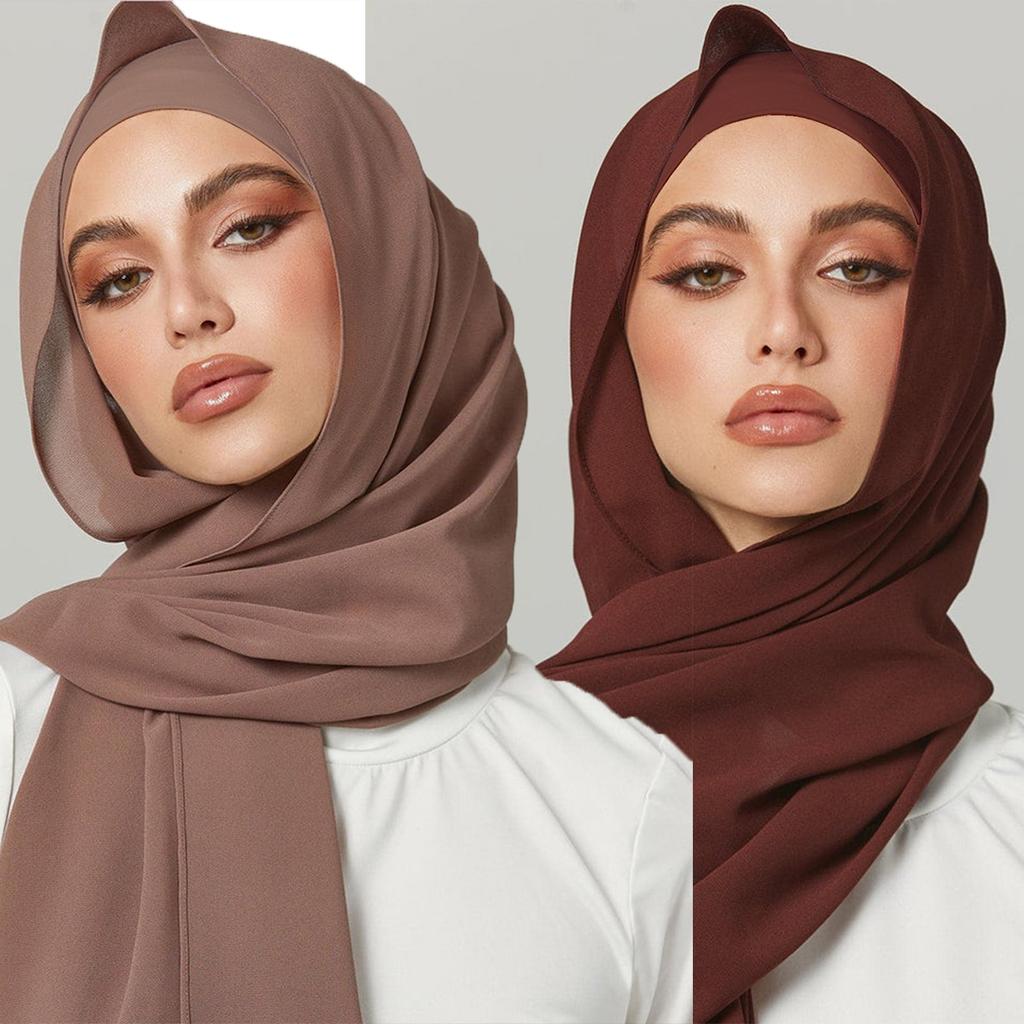 2Pcs Chiffon Hijab With Matching Undercap Set Women Plain Shawl Jersey Inner Modal Caps Muslim Headband Two-Piece Scarf Set