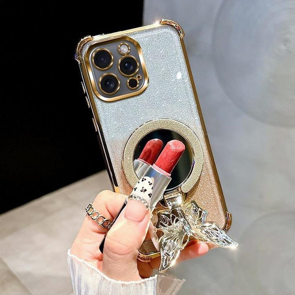 Butterfly Glitter Mirror Holder Phone Case For Huawei P30 Lite P40 P50 P60 Pura 70 Pro Mate 40 50 60 70 Shockproof Stand Cover