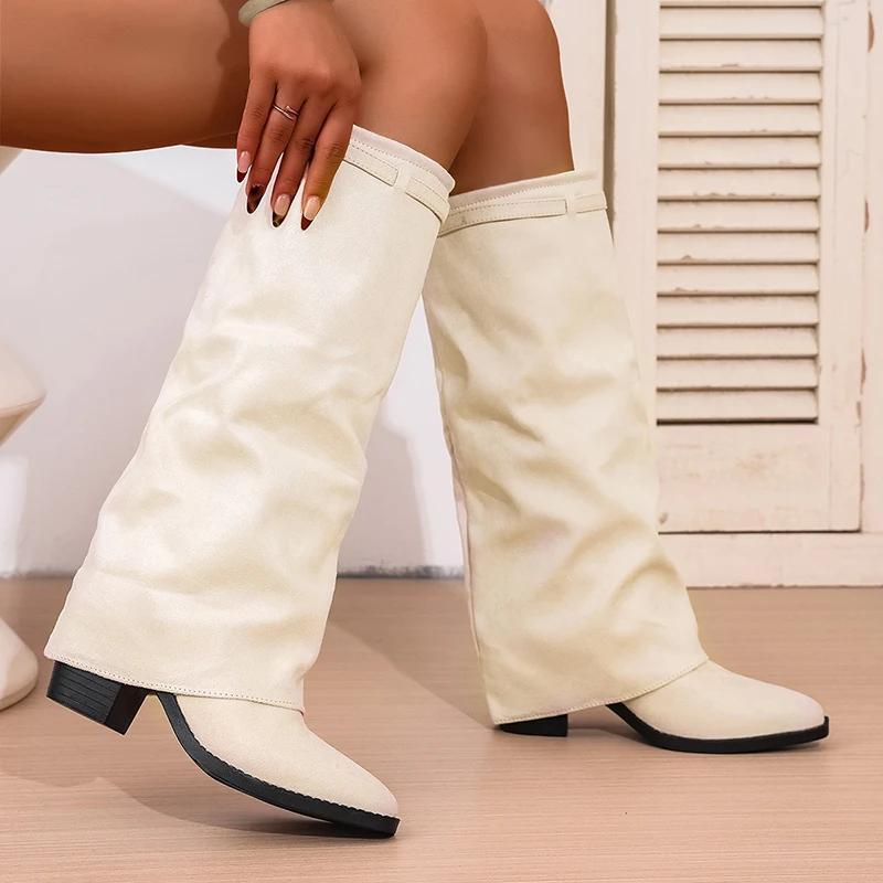 European and American high leg pants boots 2026 autumn pleated thick heel sleeve high-heeled fashion boots for women