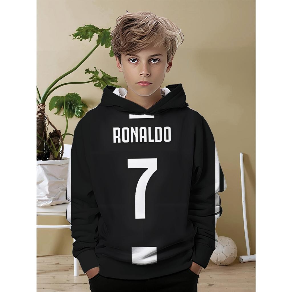 Boys' Football Hoodie - Ronaldo NO.7 Jersey Design, Black and White Sports Pullover
