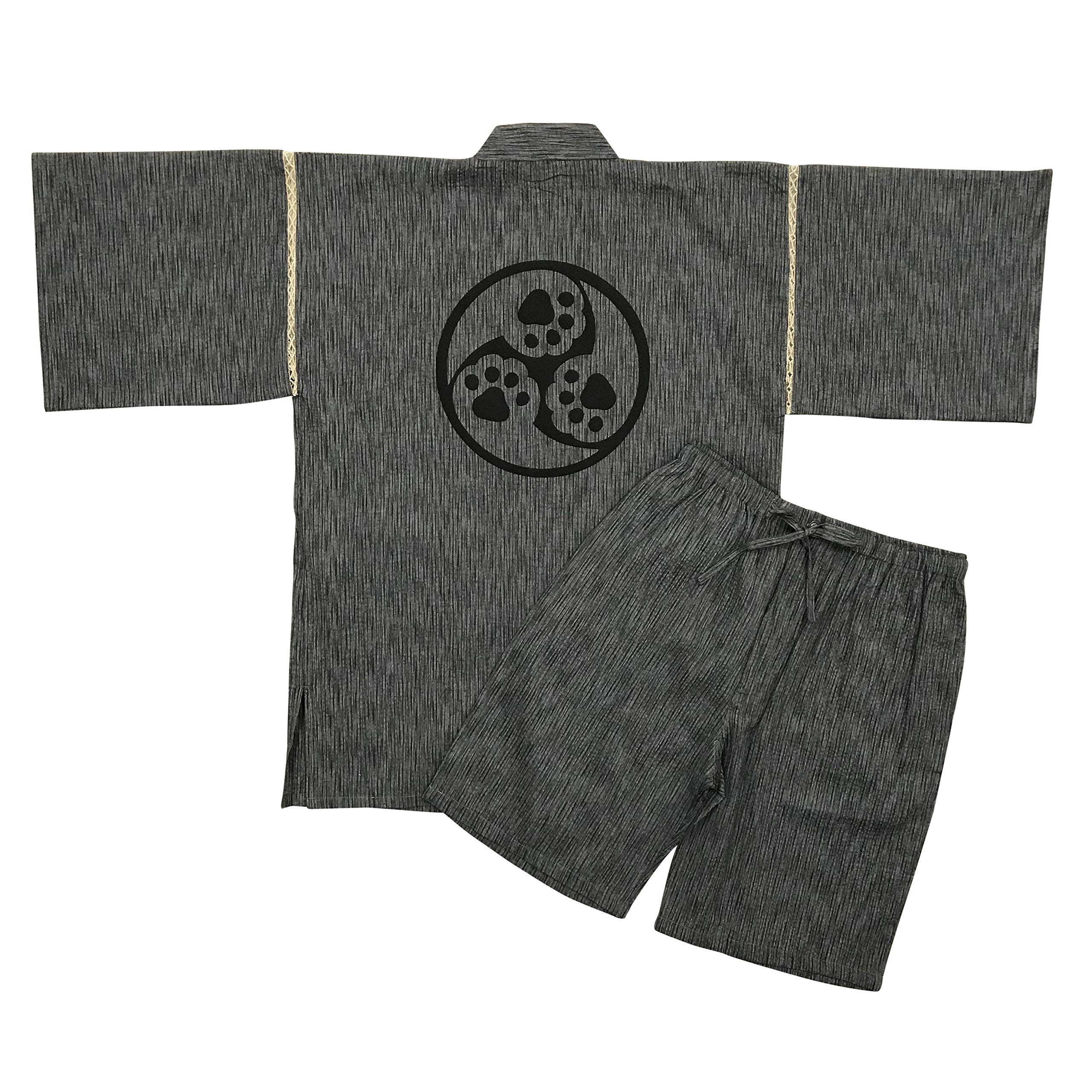 

Edoten Men s Shijira-woven Jinbei (Jinbei) for Summer, Cool, 100% Cotton, Original Printed Pattern, Cat s Paw Three-Tomoe (Solid Black), Light Gray, S