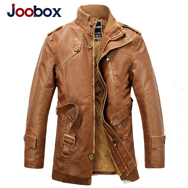 JOOBOX Men's Men's Leather Jacket Slim Stand Collar Mid-Length Washed Motorcycle Leather and Velvet Windbreaker
