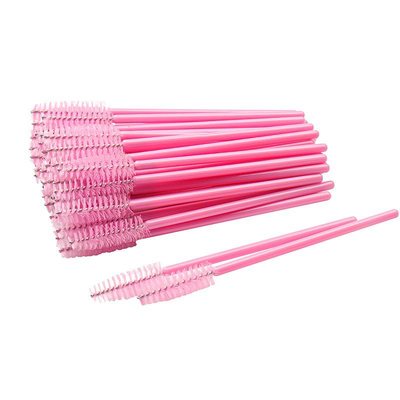 50-Pack Disposable Eyelash Brushes - Portable Pink-Handled Makeup Tool for Eyebrow and Eyelash Application.