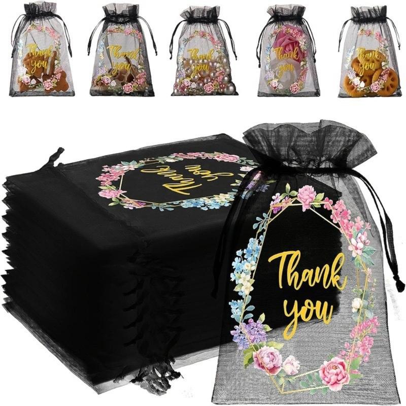 50Pieces Delicate Thankyou Gift Bag Jewelry Packaging Bag Chic Embroidery Mesh Bag Mesh Material for Birthdays Weddings