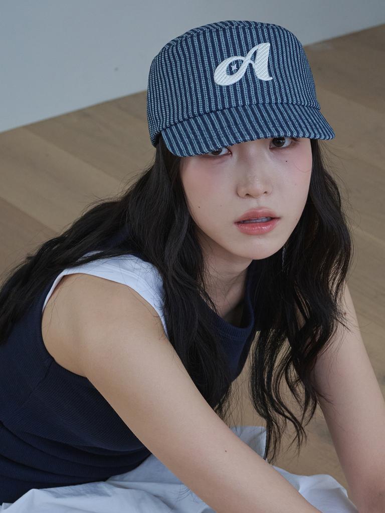 Olinkeompeulliteu Striped Stitch Denim Pillbox Cap