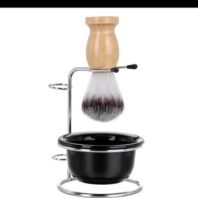 Stainless Steel Shaving Brush Stand with Soap Bowl & Beech Wood Nylon Beard Brush, Fits Most Safety Razors
