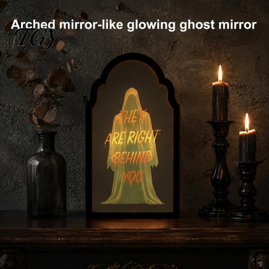 Ghostly Candlelight Display Light Up Ghost Mirror, Arched Wooden Frame Ghost/Grim Reaper Halloween Indoor Holiday Ornaments Soft Ambient Lighted