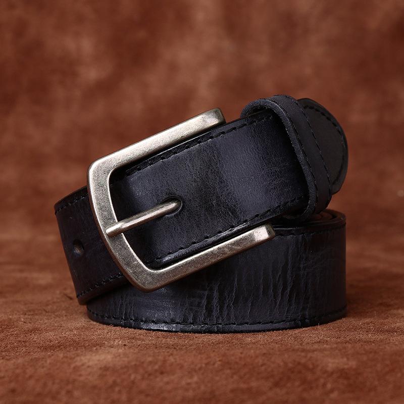 Men's Belt Retro Rub Colored Distressed Pleated Genuine Cattlehide Leather Surface Denim Casual Working Pants Belt