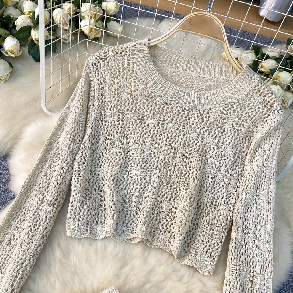 American Senior Simple Style Two Pieces Sets O Neck Hollow Top Elastic Waist Fit Chic Slim Shorts Women Solid Knitted Casual Suits