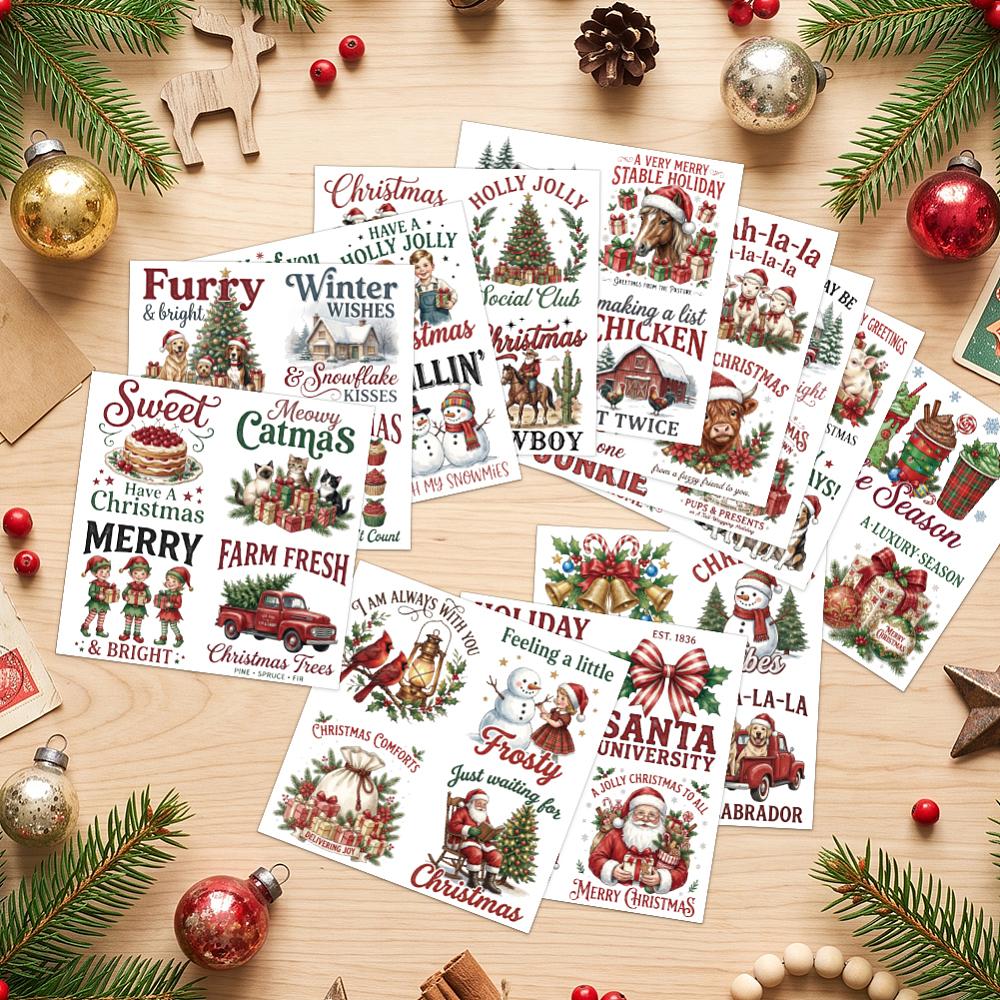 12 Sheets 12 Style PVC Stickers Heat Transfer Film for Window Decoration Santa Claus 140x140mm 1 sheet/style