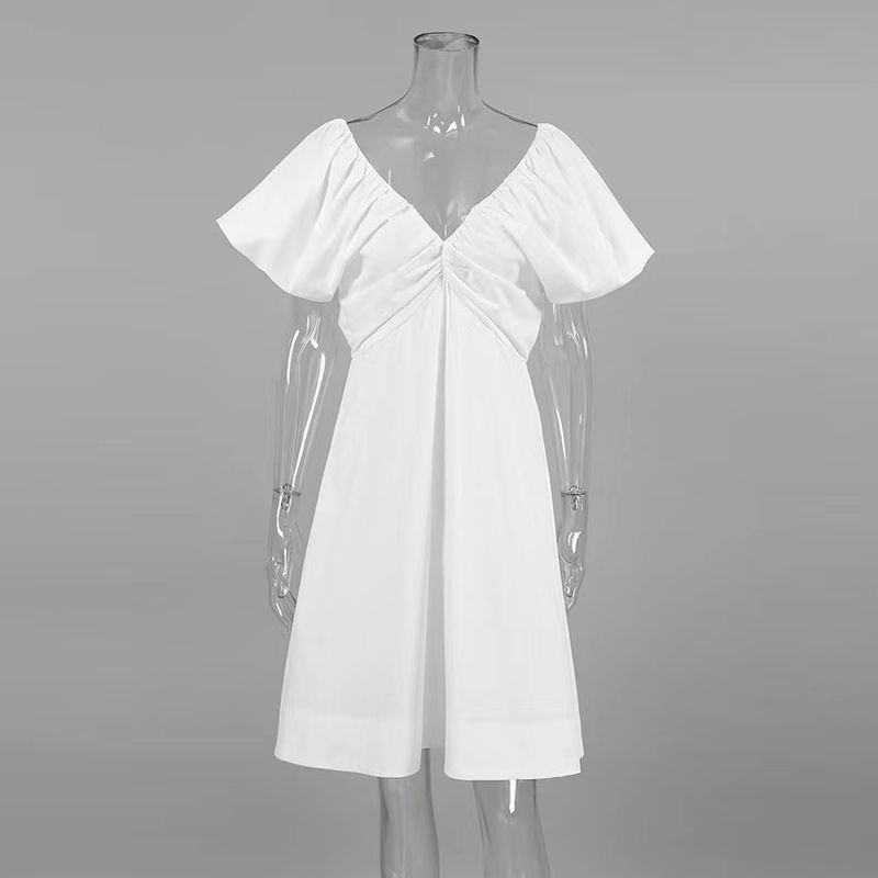 

Fashion Wind New Arrival Summer Fashion Puff Sleeve Shoelace Dress Bubble Sleeve V-neck Dress White L