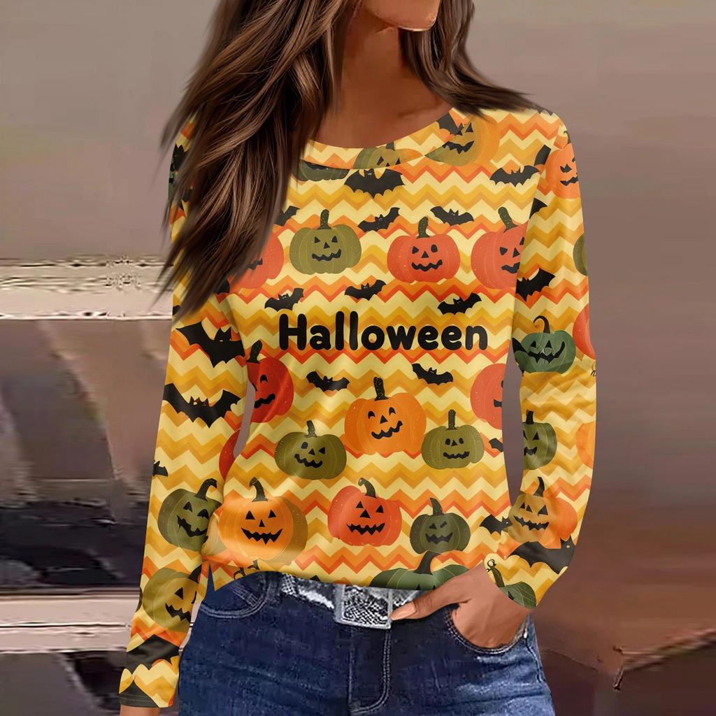 Women's Fashion Casual Slit Hem Round Neck Long Sleeve Loose Halloween Printed T-Shirt Ladies Top