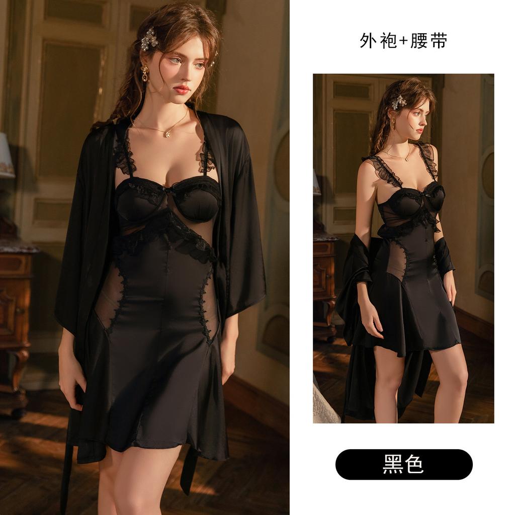 Women's Satin Mesh Padded Cami Sleep Dress with Robe Lounge Set