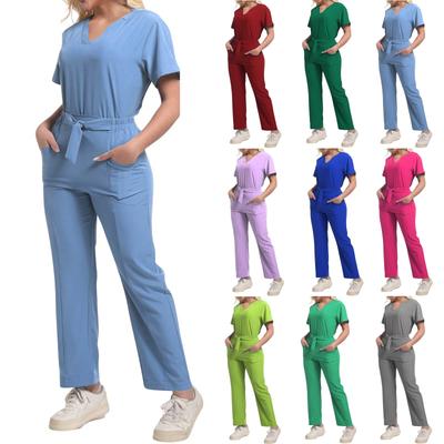 Women's Fashion Solid Short Sleeve V Neck Pattern Tops Pocket Working Set