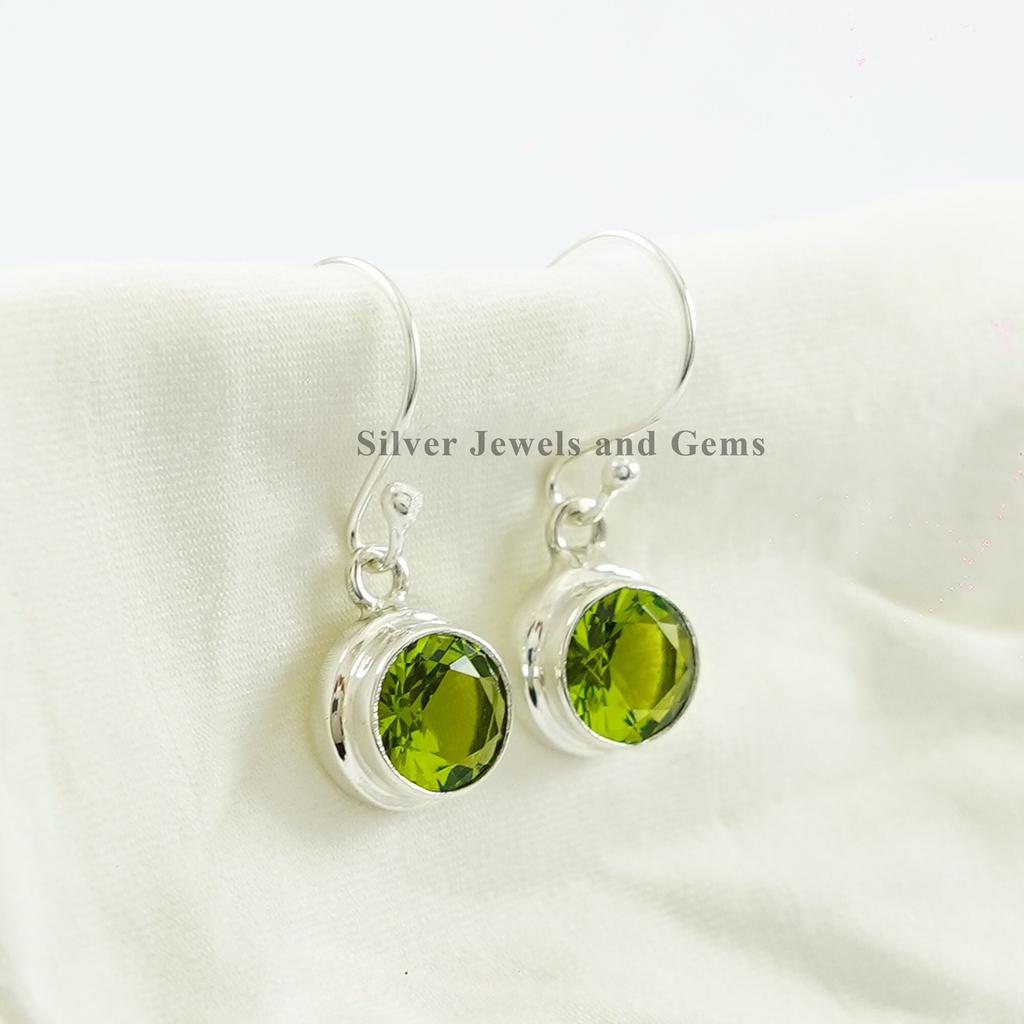 Handmade Round Peridot 925 Sterling Silver Earrings, Anniversary Gift