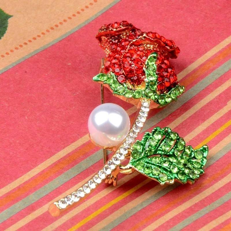 New Hot Beautiful Crystal Trendy Rose Red Flower Brooch Pins Jewelry Women Alloy Brooches Accessories Jewelry Gfit