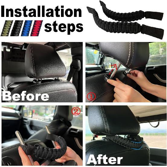 Paracord Headrest Grab Handles for Jeep Tacoma Bronco,Heavy-Duty Back Seat Grab Handles (Black)