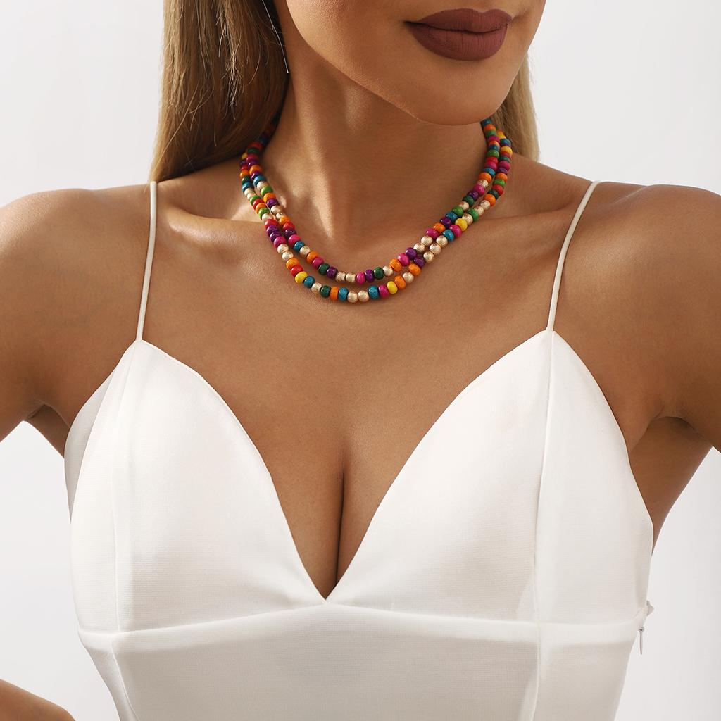 Tooxika Colier cu mărgele din lemn Bohemian Rainbow Guardian, colier cu mărgele, vară, dopamină, colier chinezesc nou