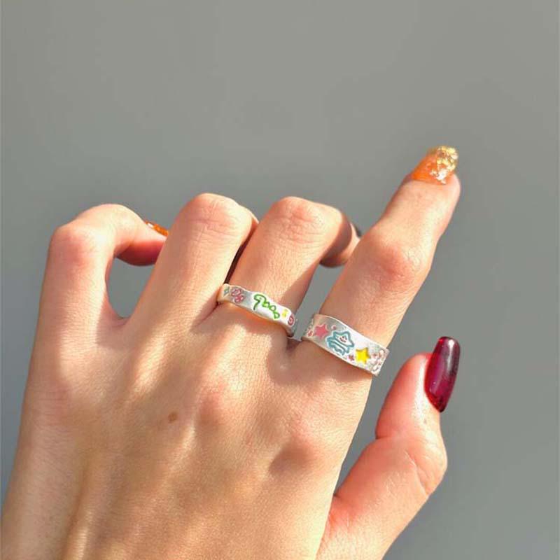 Painted Christmas Tree Graffiti Ring, Cute Dinosaur Design, Adjustable Women's Fashion Ring