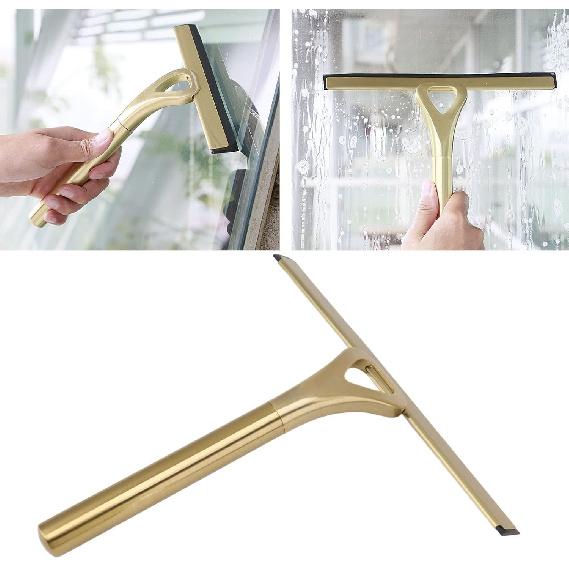 Shower Squeegee for Glass Doors with Adhesive Hook Gold Window Squeegee Rubber Scraper for Bathroom, Window, Mirror, Car Glass, Tile Wall