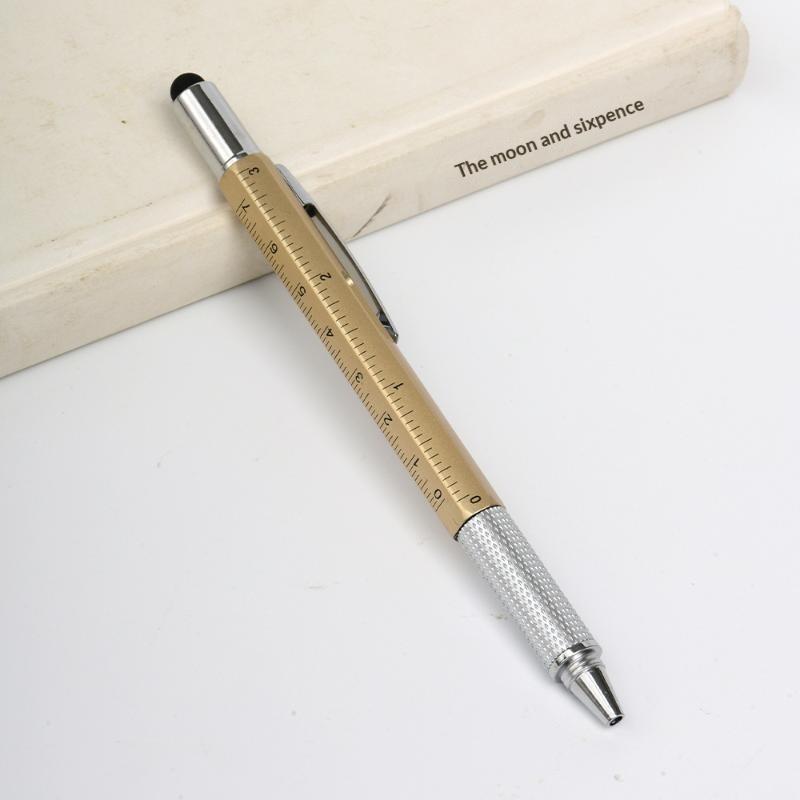 6 In 1 Multifunctional Metal Ballpoint Pen with Stylus Ruler Level Screwdriver for Woodworking Repair Jobs