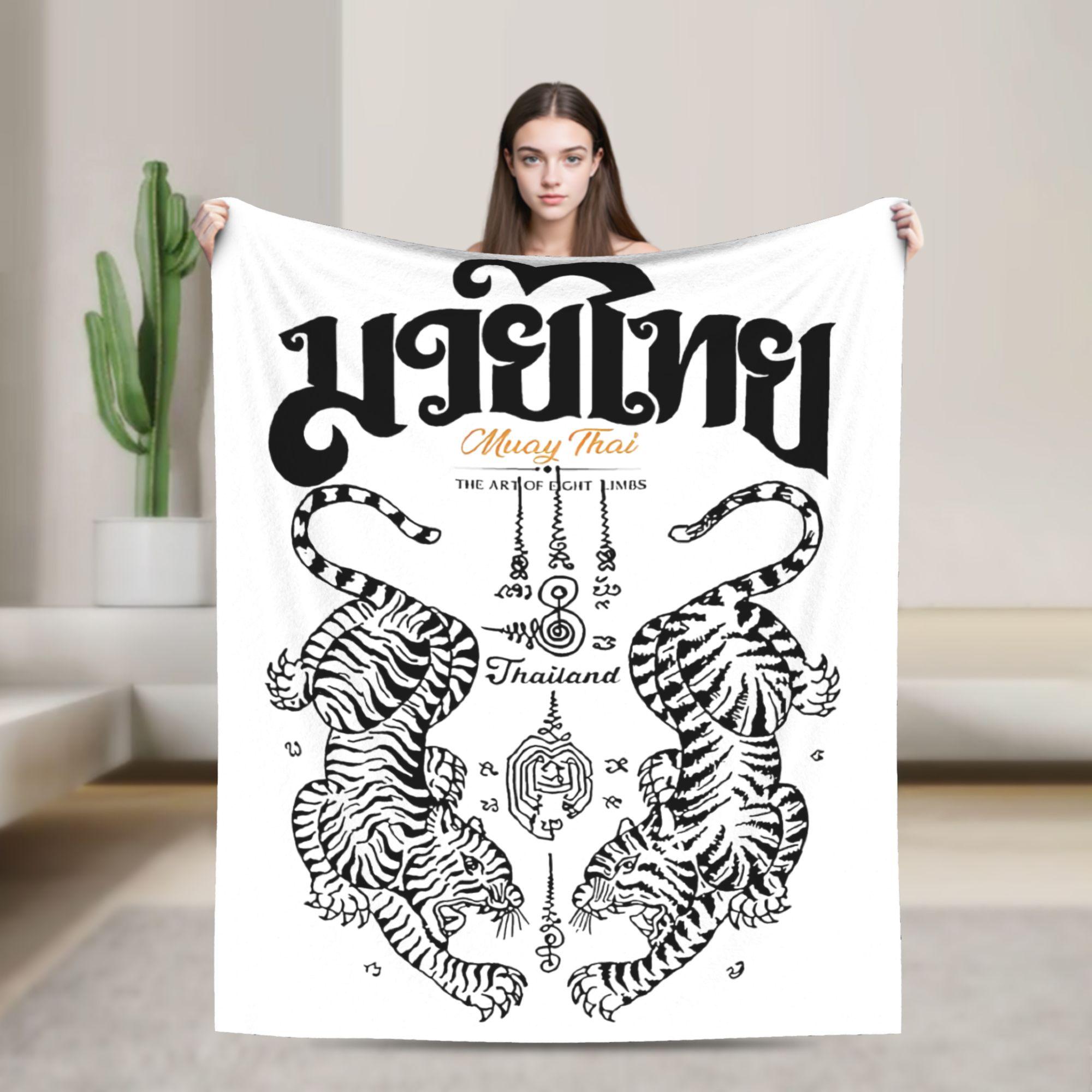 Muay Thai Sak Yant Tiger Knitted Blankets Boxing Fighter Fleece Throw Blankets Bedroom Sofa Lightweight Bedspread Multifunction 150x200cm