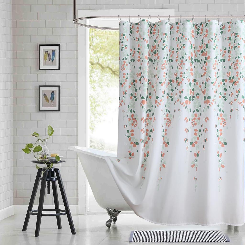 Floral Pattern Fabric Shower Curtain, Beige Gray Plant Bathroom Shower Curtain, Waterproof Bathroom Shower Curtain Curtain