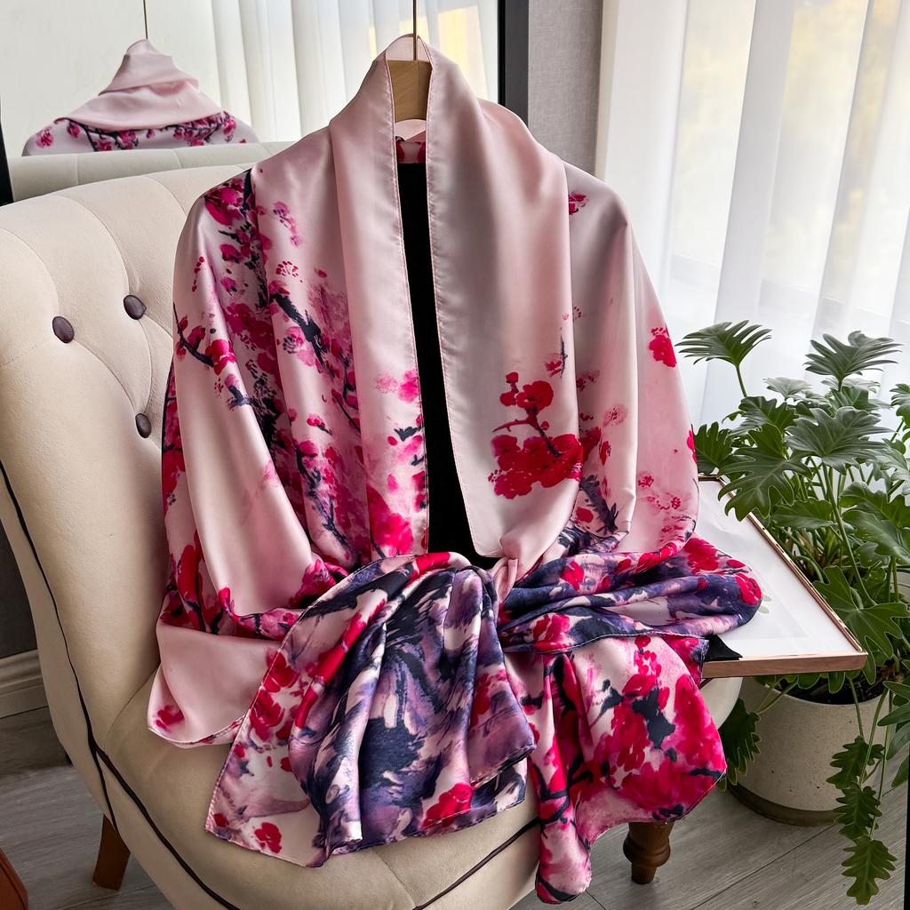 90*180cm Fashion Luxury Silk Scarf Women flowers Soft Smooth Scarves Wrap Hijab Outdoors Muffler Long Shawl Beach sun protection