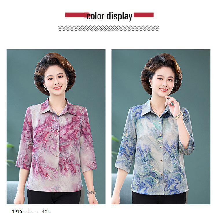 Summer Silk Printed Loose-Fit Blouse for Middle-Aged and Elderly Women, Plus Size Mulberry Silk Top