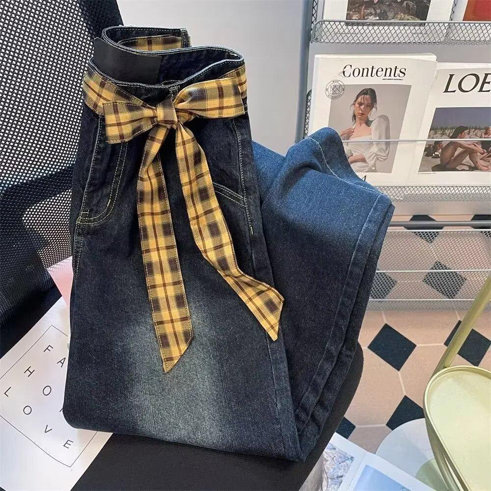 Women s Retro Plaid Patchwork Wide-Leg Jeans - Spring/Autumn Straight Fit Trousers 2025 Extra Large синий