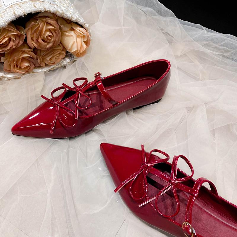 Patent Leather Bowknot Mary Janes Women Flats Pumps Spring Summer Elegant Pointed toe T-Strap Ladies Flats Party Shoes