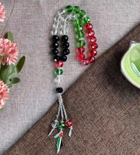 Tasbih Cristal 33 Perles Couleurs Palestine, Bracelet de Prière Musulman Rouge Vert Blanc Noir, 3 Longueurs pour la Prière & la Mode