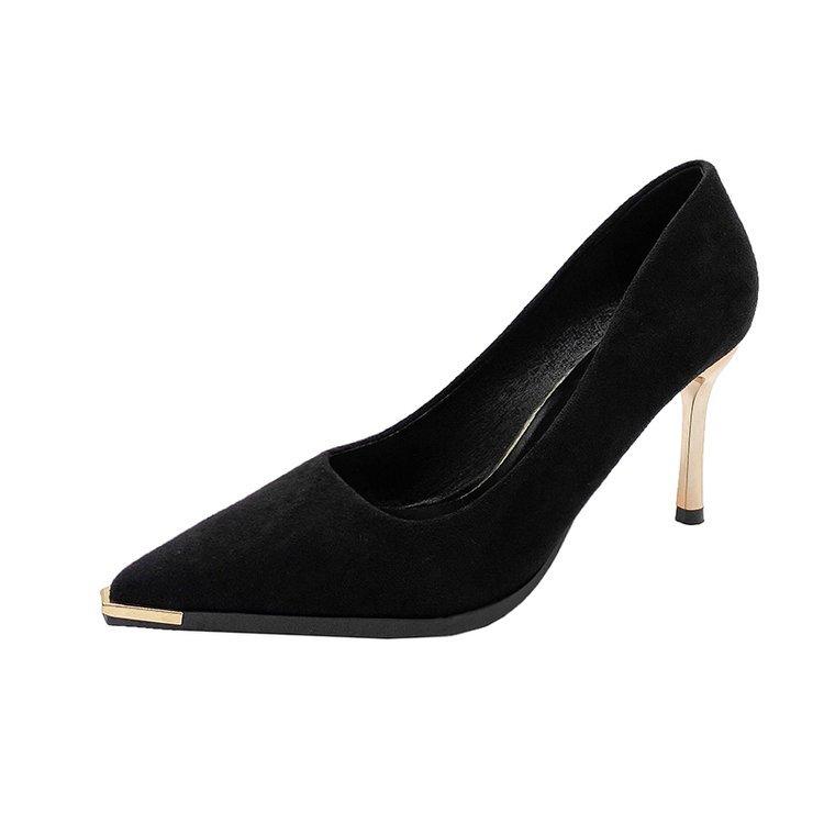 Metal pointed high heels women's thin heels 2025 new Korean version black suede celebrity style shallow mouth temperament single shoes