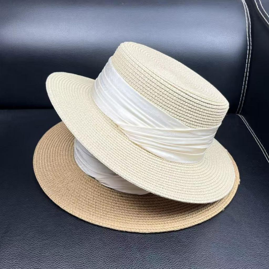 French Elegant Straw Flat Top Hat Women's Summer Sunscreen Sun Hat Seaside Holiday Straw Hat Tide
