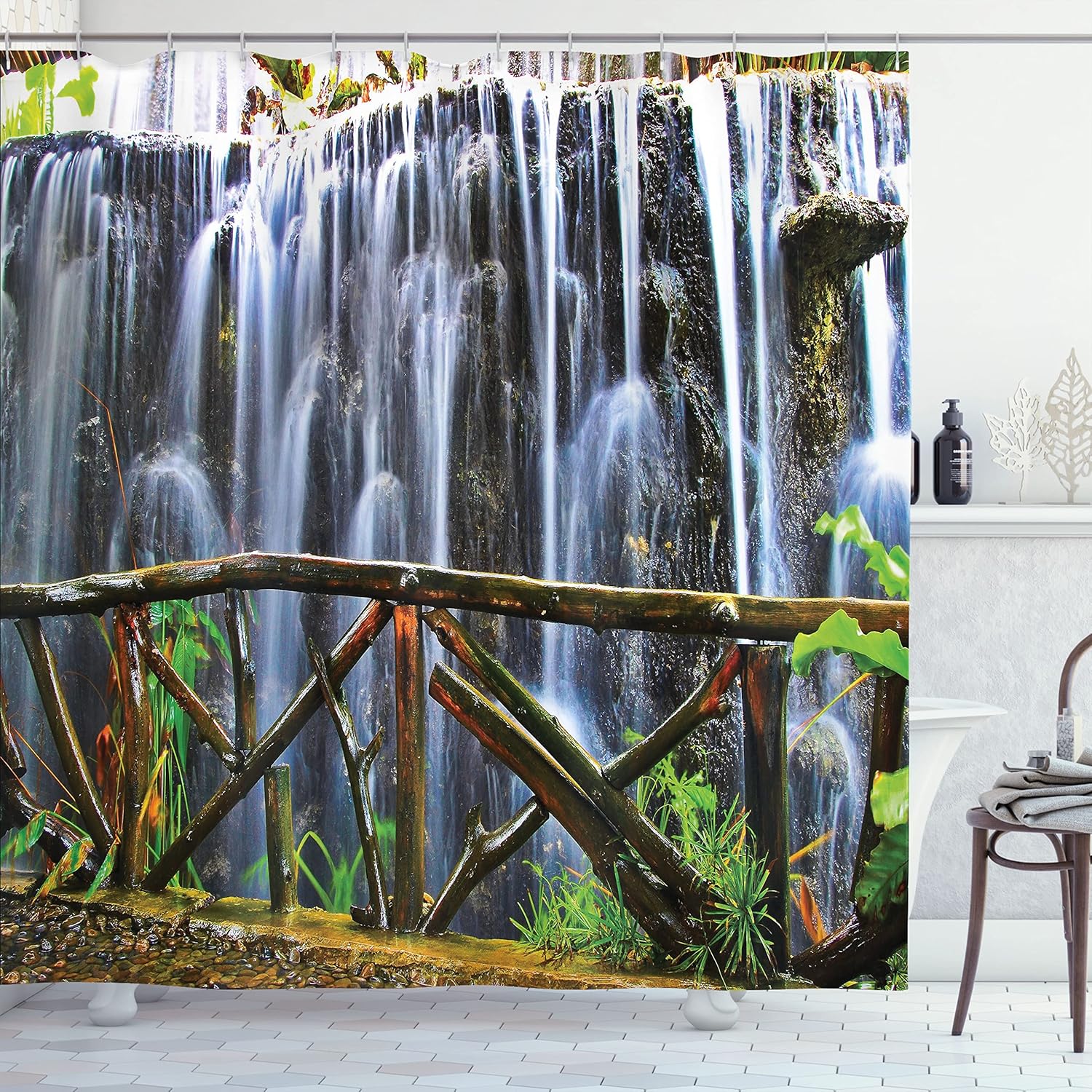 

Waterfall Shower Curtain with Hooks – Tropical Park & Falling Stream, Lush Green Nature Scene for Spa Bathroom Decor 90x180cm35x71in