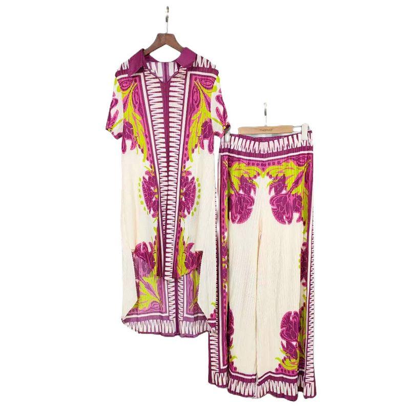 

2025 Summer New Arrival Pattern Ruched Positioning Printed Short-Sleeved Top Pleated Wide-Leg Trousers Female Fashion Suit Suit Rose Red One size