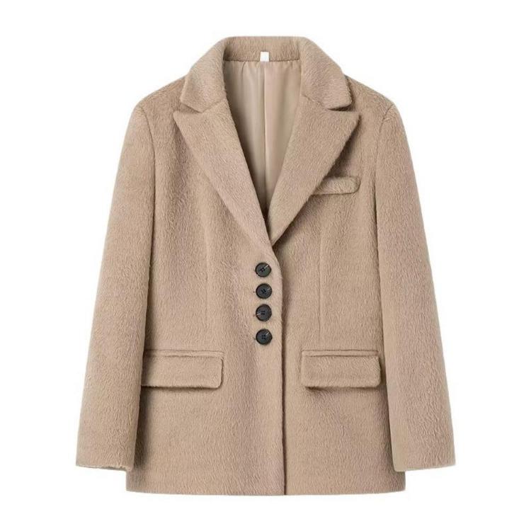 

Fashion High Street Women Pink Woolen Blazer Coat Elegant Lapel Long Sleeves Single Breast Pocket Overcoat Female Outwear XL хакі