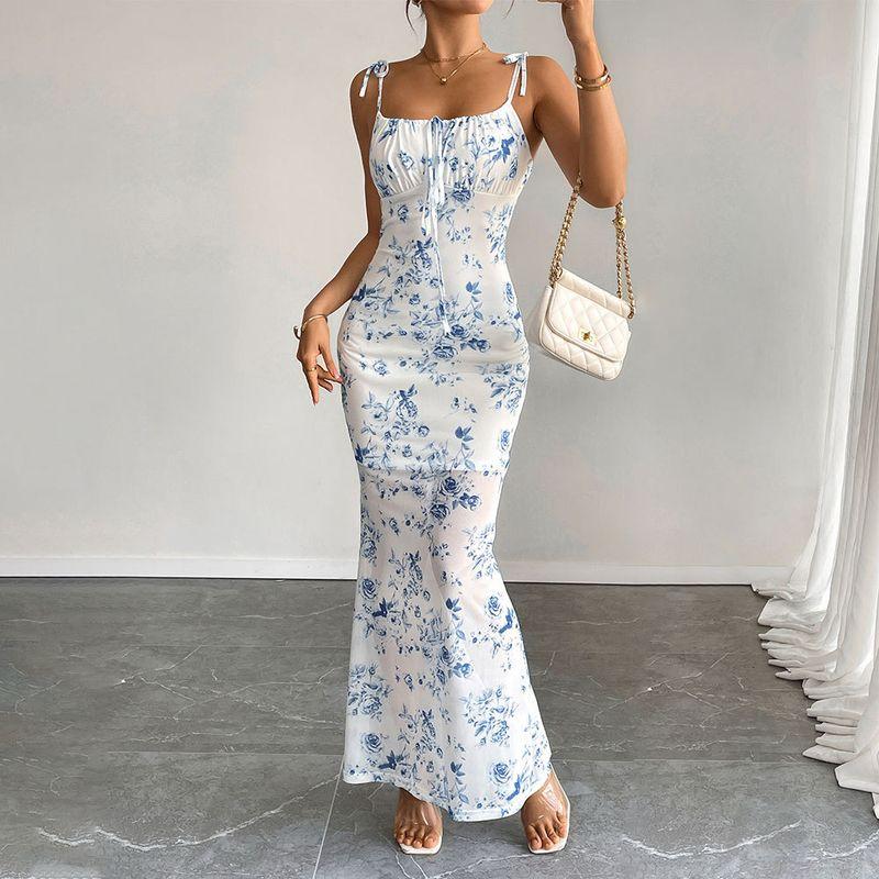 

European and American Fashion Sling Floral Dress Summer Print Long dress Casual Printed Long Skirt Picture Color S