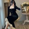 Vintage Velvet Black Bodycon Dress Women Retro Lace Wrap Evening Elegant Party Dresses Slim  Fashion Spring
