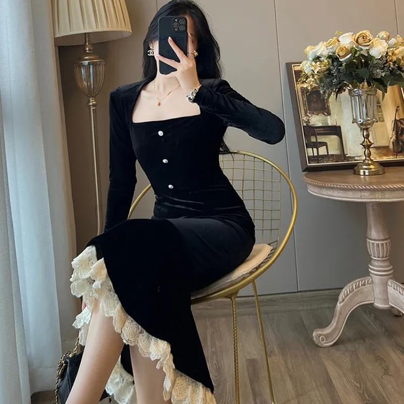 Vintage Velvet Black Bodycon Dress Women Retro Lace Wrap Evening Elegant Party Dresses Slim  Fashion Spring