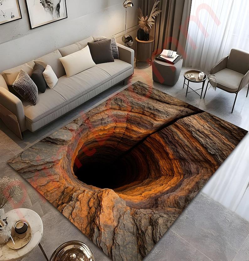 3D Hole Illusion Rug, Realistic Cave Carpet for Living Room Bedroom, Fun Optical Novelty Home Decor Mat