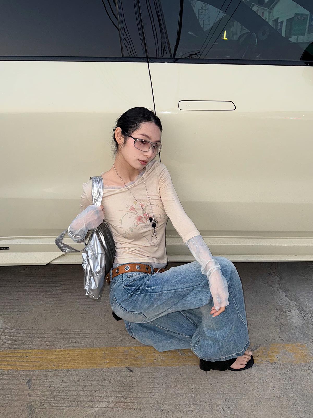9hour Women s Fake Two-Piece Lace T-Shirt, Imitation Tencel Blend, Long-Sleeved Spring 2026 Top, Style m3937 One Size