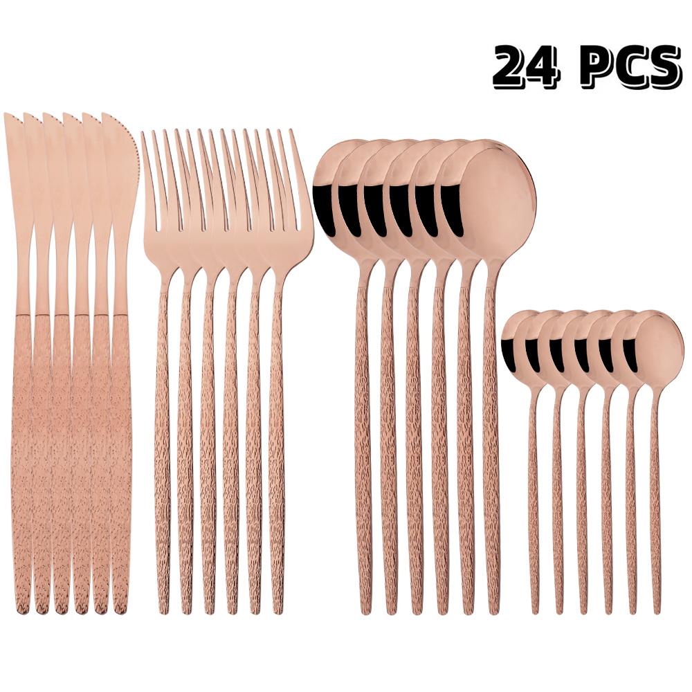 24Pcs Black Western Dinnerware Set Stainless Steel Cutlery Set Fork Steak Knife Spoon Tableware Set Flatware Silverware Set