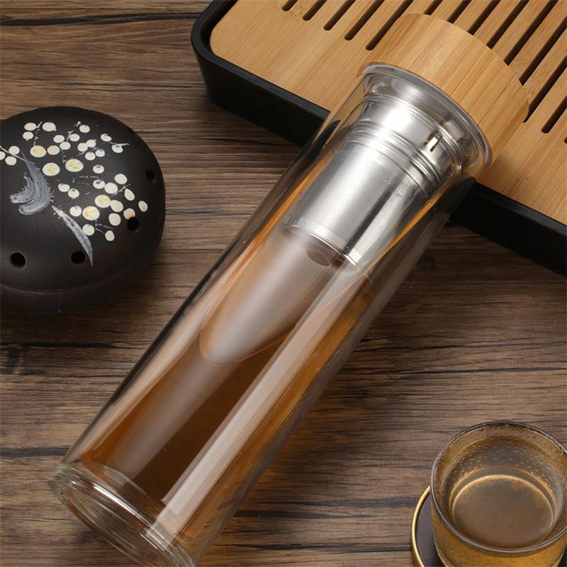 450ml 500ml Travel Glass Water Bottle with Stainless Steel Tea Infuser Filter Double Wall Glass Bottle Tumbler Bamboo Lid