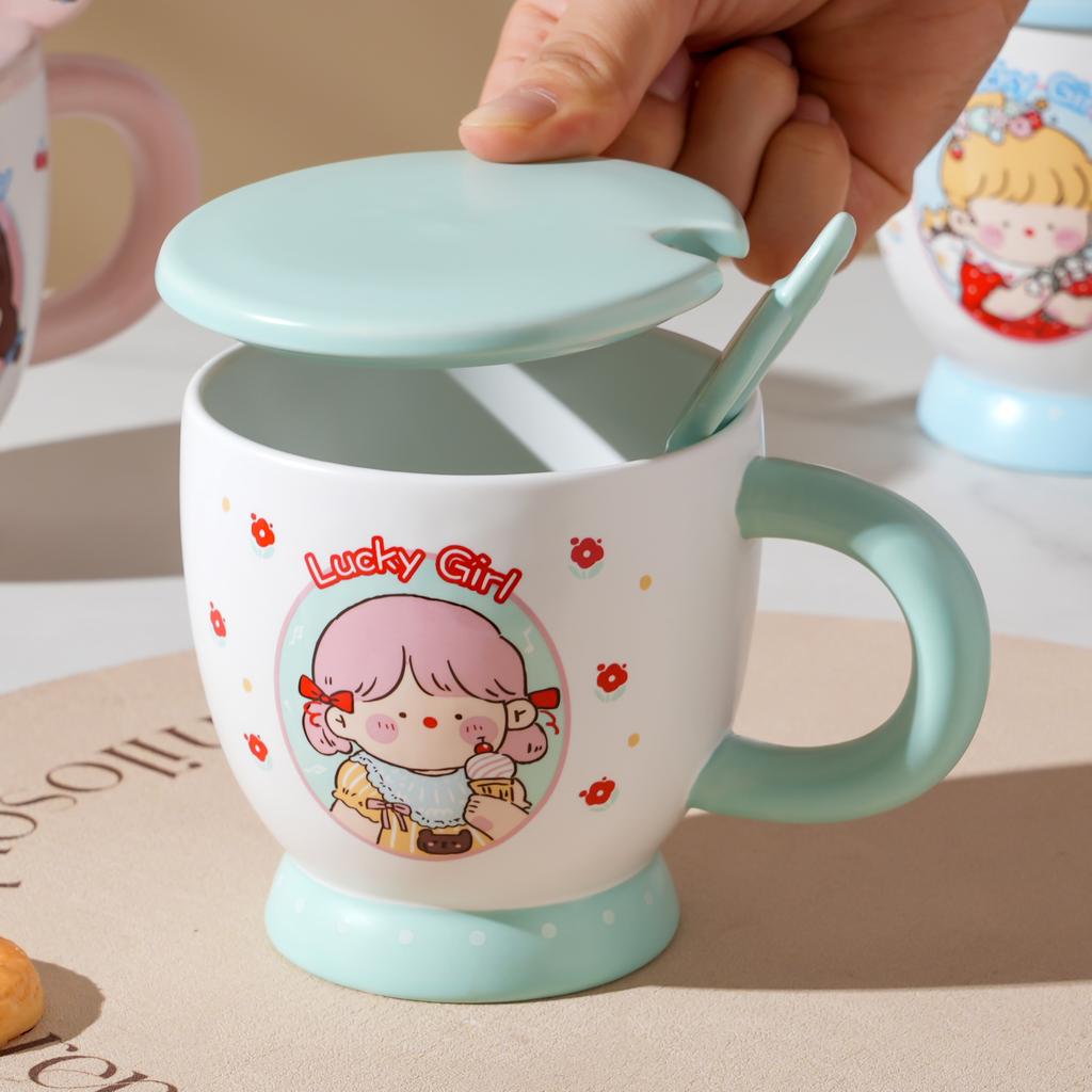 Milk Fufu Mug with Lid Spoon Comics Kids Ceramic Cup High End Couple Water Cup Internet Celebrity Breakfast Cup