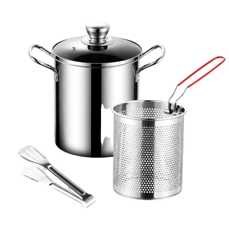 Steel Frying Pot with Two Handholds, 3 L Capacity, and a Formed Body for Cooking Tempura, French Fries, Shrimp, and Meatballs during Household Cooking