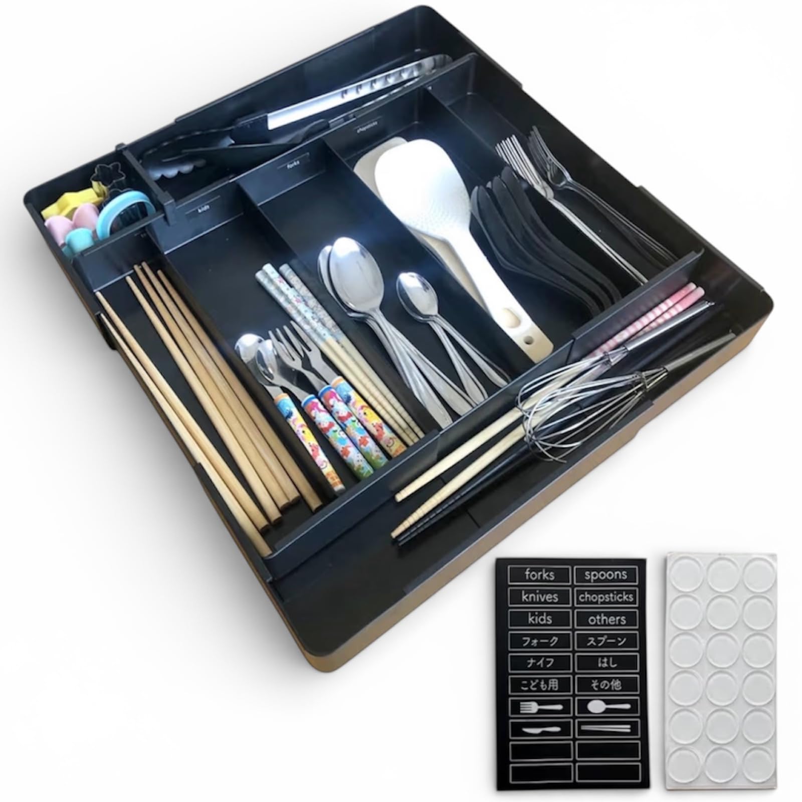 

Rilmy Cutlery Case with Expandable Drawer with Kitchen Organization Tray for Spoons and Labels, 4-Sided Dividers, Forks, Non-Slip (Classic Black)