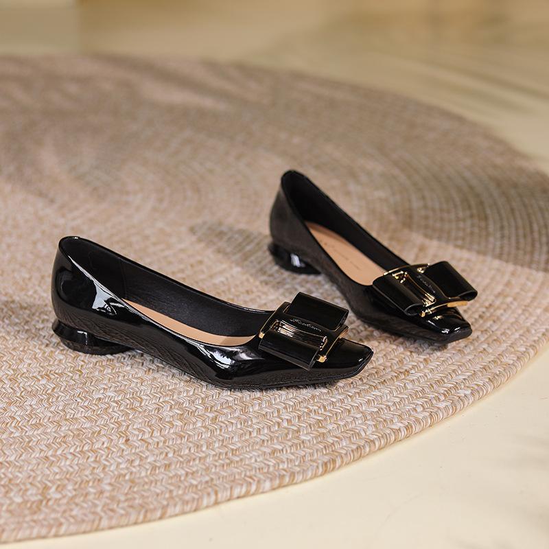 

Ретро туфли с квадратным носком и бантом на плоской подошве, женские туфли на низком каблуке, на круглом каблуке, из овчины, для темпераментных профессиональных женщин 34 чёрный