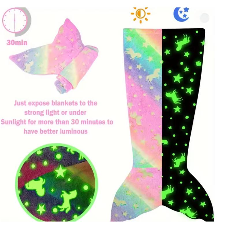 Cartoon Rainbow  Mermaid Tail Blanket Super Soft Glow In The Dark Flannel Mermaid Tail Blanket Girls Sleeping Bag
